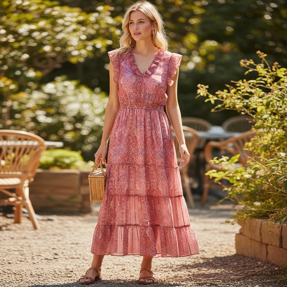 Philosophy Maxi Dress Large Floral Paisley Chiffon Tiered Smocked Pink New